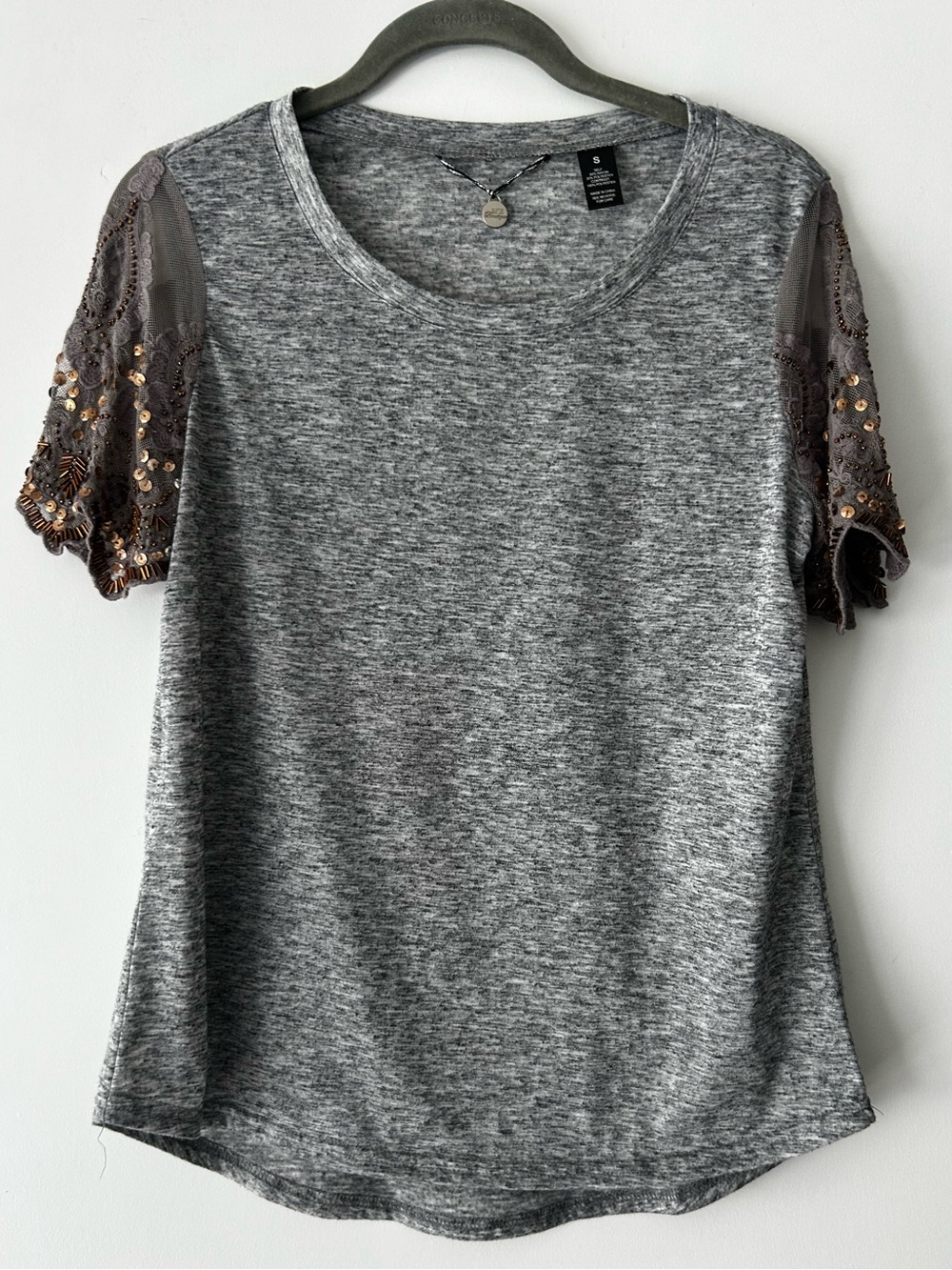 BKE Gray Short Sleeve Tee with Embellished Lace Sleeves